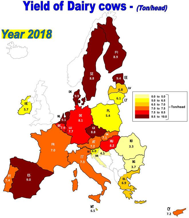 mapa produción leite por vaca UE