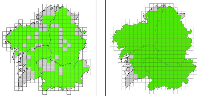 Área de distribución do lobo estimada en Galicia segundo o último censo de poboación, empregando só os indicios atopados (esquerda) e tendo en conta ademais os datos de exemplares marcados e a distribución espacial das mandas (dereita)