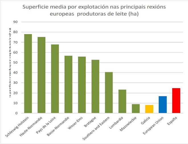 Comparación da superficie agraria útil media das principais rexións europeas produtoras de leite con Galicia e o Estado español.