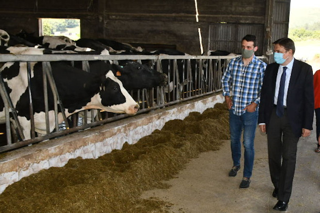 O ministro visitando unha gandería de vacún de leite en Silleda