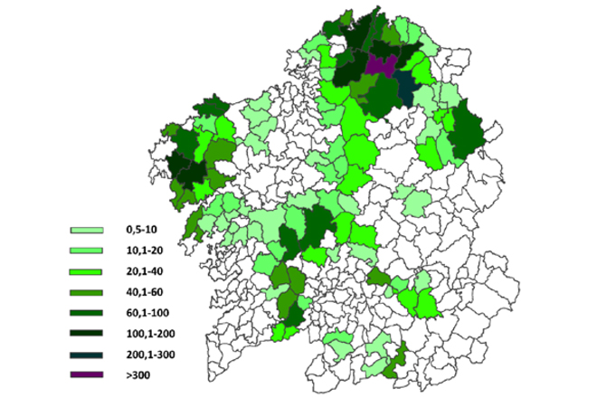 Distribución do número de aeroxeradores por concellos en 2017. Muras, en violeta, é o que máis ten. / Observatorio Eólico de Galicia
