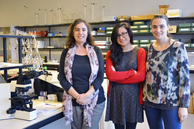 Carmen Seijo, xunto a María Shantal Rodrí­guez e Olga Escuredo, no laboratorio da Universidade de Vigo en Ourense