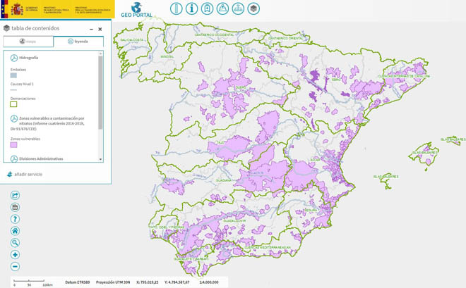 Mapa de zonas vulnerables a nitratos en España.