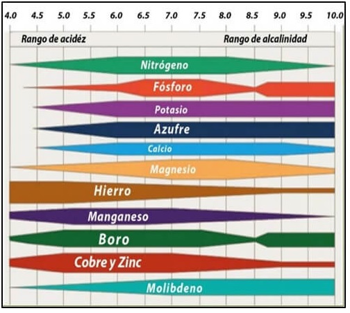 Figura 1 – Disponibilidad de nutrientes para las plantas según el pH del suelo. Fuente: Castellanos, 2014