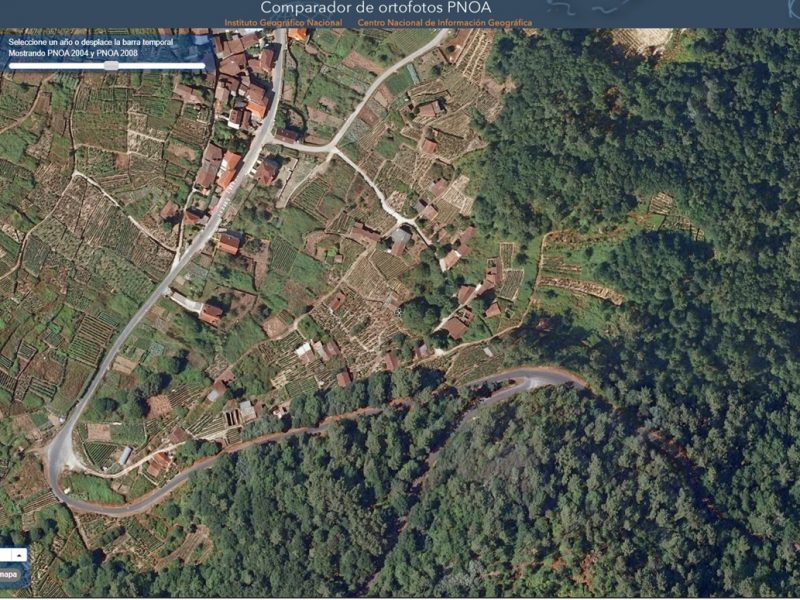 Vista aérea de Remuíño, onde as pequenas leiras de vides no entorno das casas e montes de piñeiro e castiñeiro rodeando o pobo