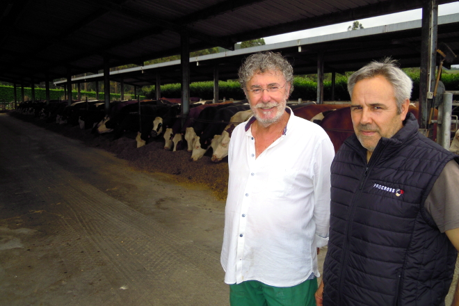 Pepe e Álvaro, xunto ás súas vacas en Vilarbetote (Trabada)