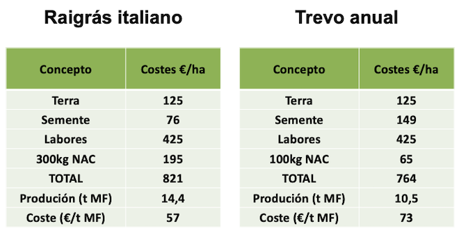 Comparativa entre los costes de producir silos de raigrás o trébol anual.