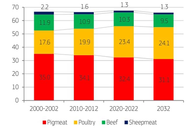 Evolución del consumo de carne por Kg. de persona al año en porcino (pig), avicultura (poultry), vacuno (beef) y ovino - caprino (sheep).