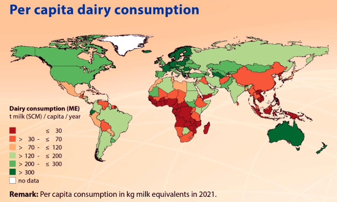 mapa consumo per capita de leite no mundo