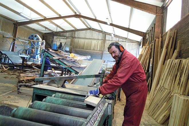 Un dos traballadores de Madefon preparando táboas de castiñeiro