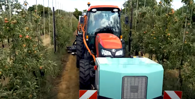 Control eléctrico de maleza entre líneas de plantación de frutales en Reino Unido