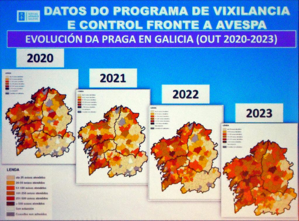 Expansión da praga da vespa velutina en Galicia nos últimos 4 anos tomando os datos do número de avisos recibidos sobre presenza de niños